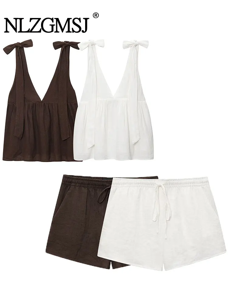 

NLZGMSJ 2025 Summer Bow Shorts Sets for Women New Fashion Short Vest Tops Women Suit Casual Two Piece Set Women Outfit