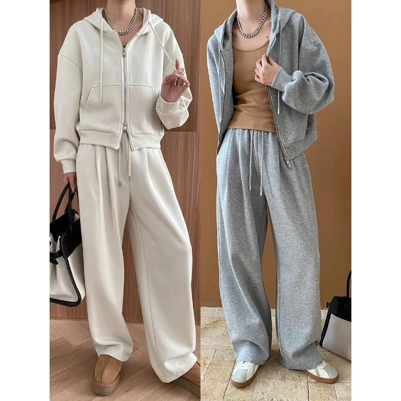 

Pant Set Women Two Piece Sets Hooded Zipper Full Sleeve Coats Wide Leg Long Pants Elastic Waist Y2k Streetwear Autumn Winter