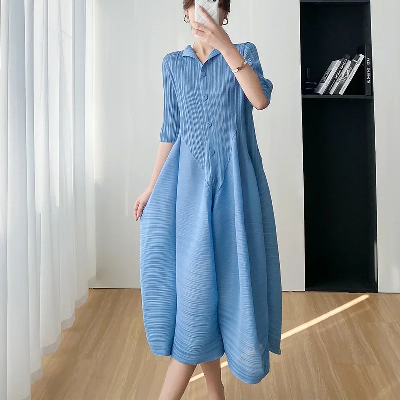 Miyake Pleated Dress Women 2023 Elegant Slim Summer New Casual Mid-length Dresses Women Clothing