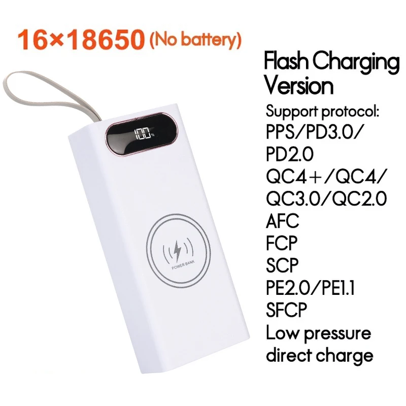 Banco de energía de carga rápida QC3.0 20W PD 12/16 ranuras 18650 caja de almacenamiento de batería tipo C y carga inalámbrica de 15W portátil desmontable