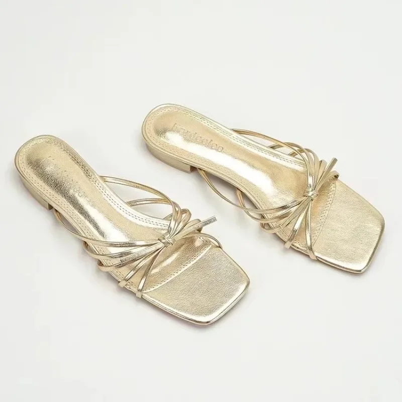 Cross-Tied Flat Shoes Female Ladies' Slippers Low Narrow Band PU Slides Buckle Strap Rubber Low Cross-Tied Shoes Woman 2024 Slip