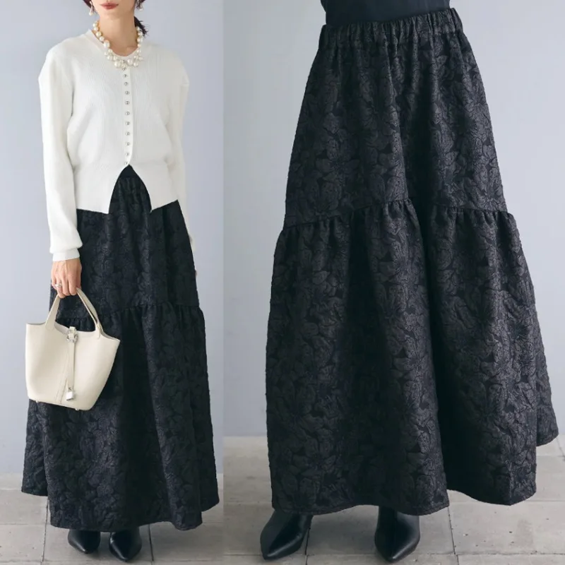 black Flower Jacquard Skirt For Women 2025 spring  Autumn Vintage korean style A Line High Waist Midi Long skirts Female Ladies