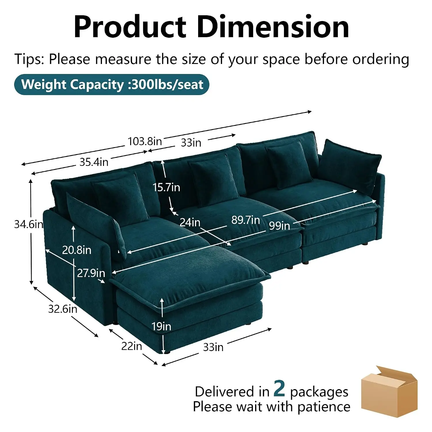 Blue L Shaped Modular Sectional Sofa 3 Seater Cloud Couch, Customized