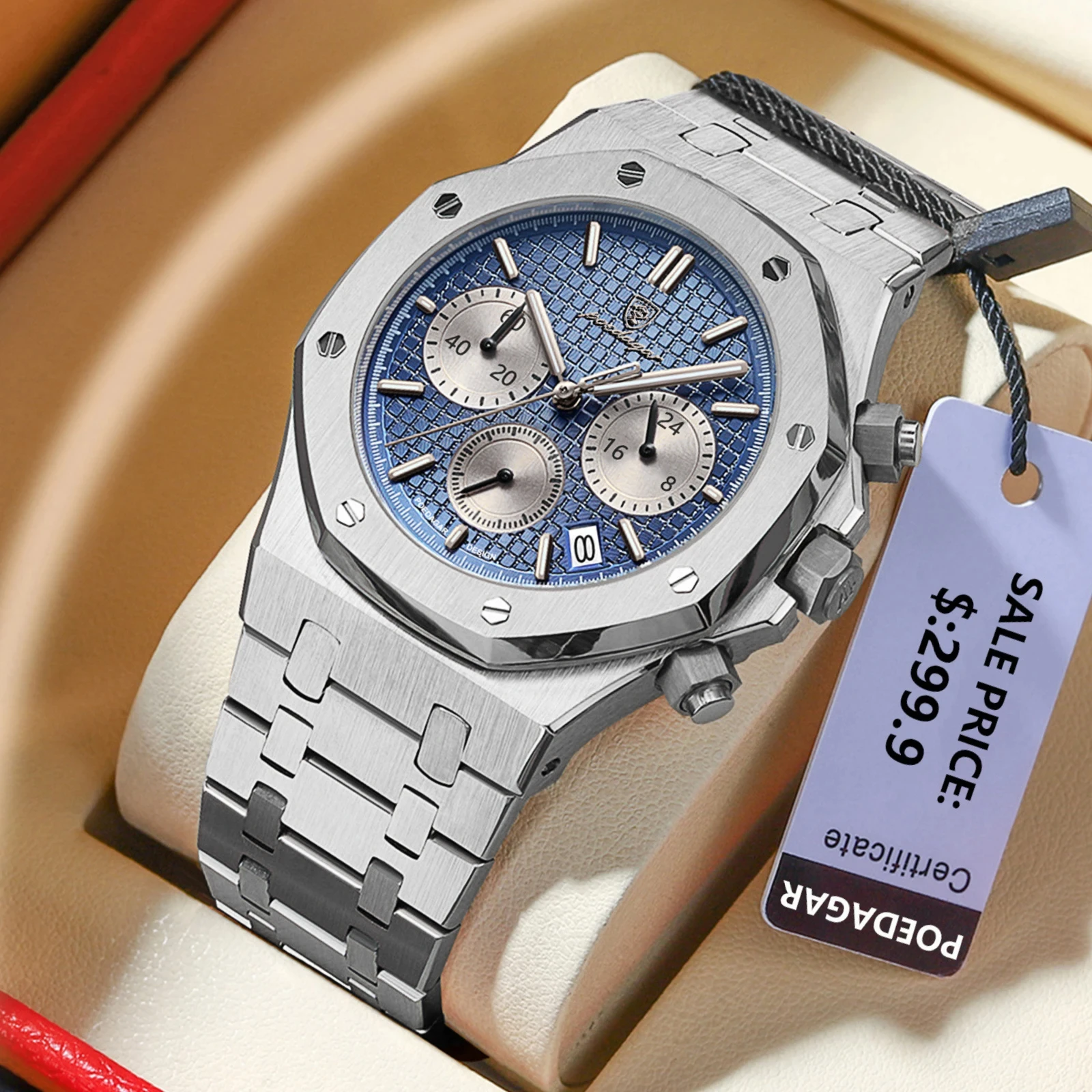 POEDAGAR ساعات رجالية فاخرة أصلية تاريخ كرونوغراف ستانلس ستيل كوارتز ساعة مقاومة للماء مضيئة موضة رجل ساعة اليد