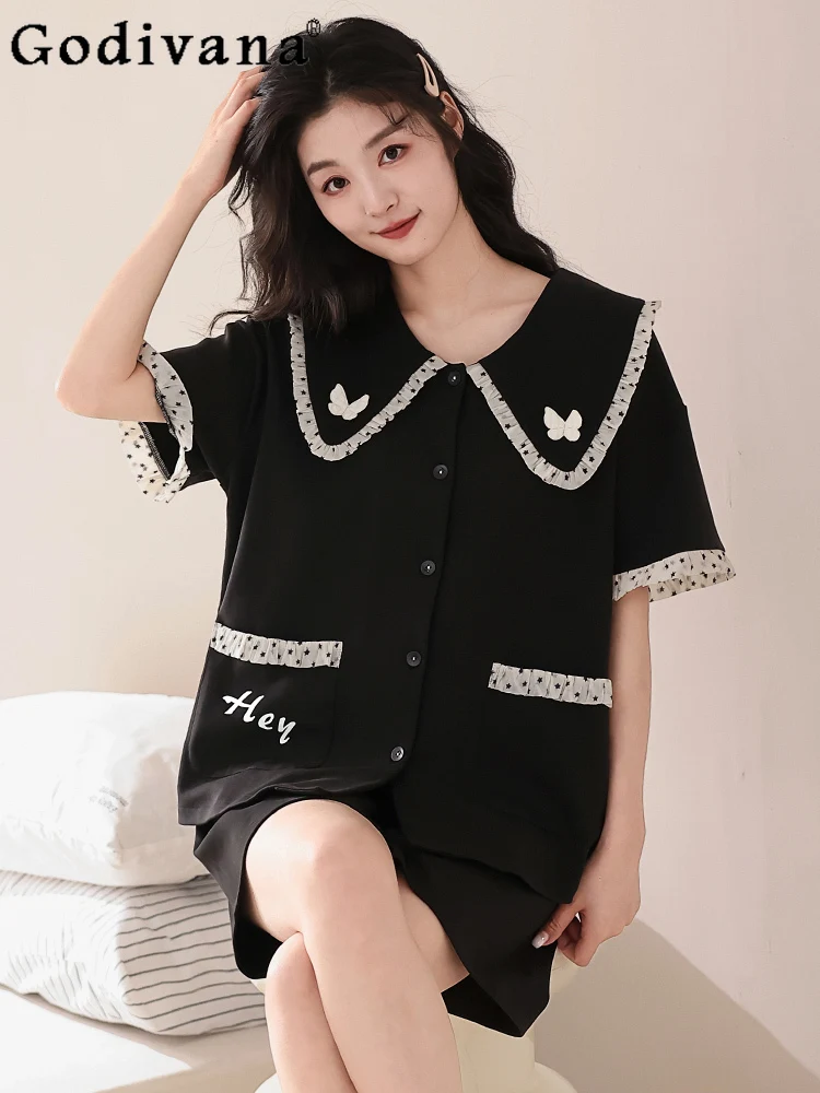 

2025 Summer Cotton Short Sleeve Shorts Leisure Sweet Turn-down Collar Loungewear Sets Girls New Comfortable Loose Thin Pajamas