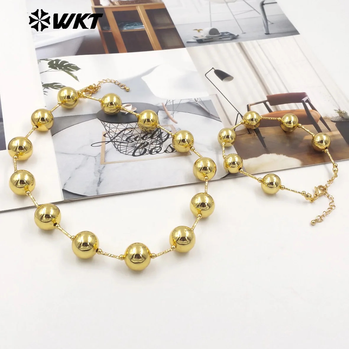 

WT-JFN08 New Punk Style Women Hand Strand Big Brass Beads 18K Gold Plated With Pipe Connector Metal Necklace 10PCS