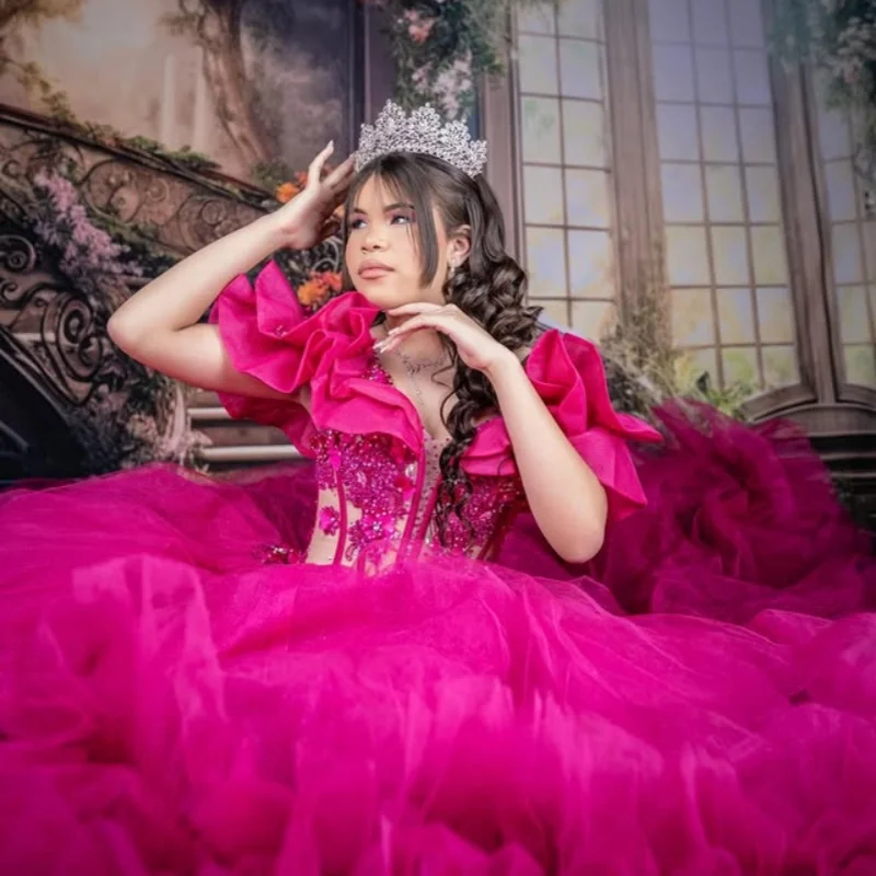 

Rose Pink Quinceanera Dresses Off the Shoulder Glitter Decal Lace layering Long tail Volantes Vestido 15 Quinceanera Customize