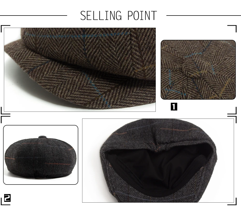 Männer Newsboy Cap Fischgrätenmuster Wolle Warme Baskenmütze Frauen Mode Vintage Hut Für Frühling, Herbst & Winter Weibliche Retro Caps für 55-60 cm – Detail 2