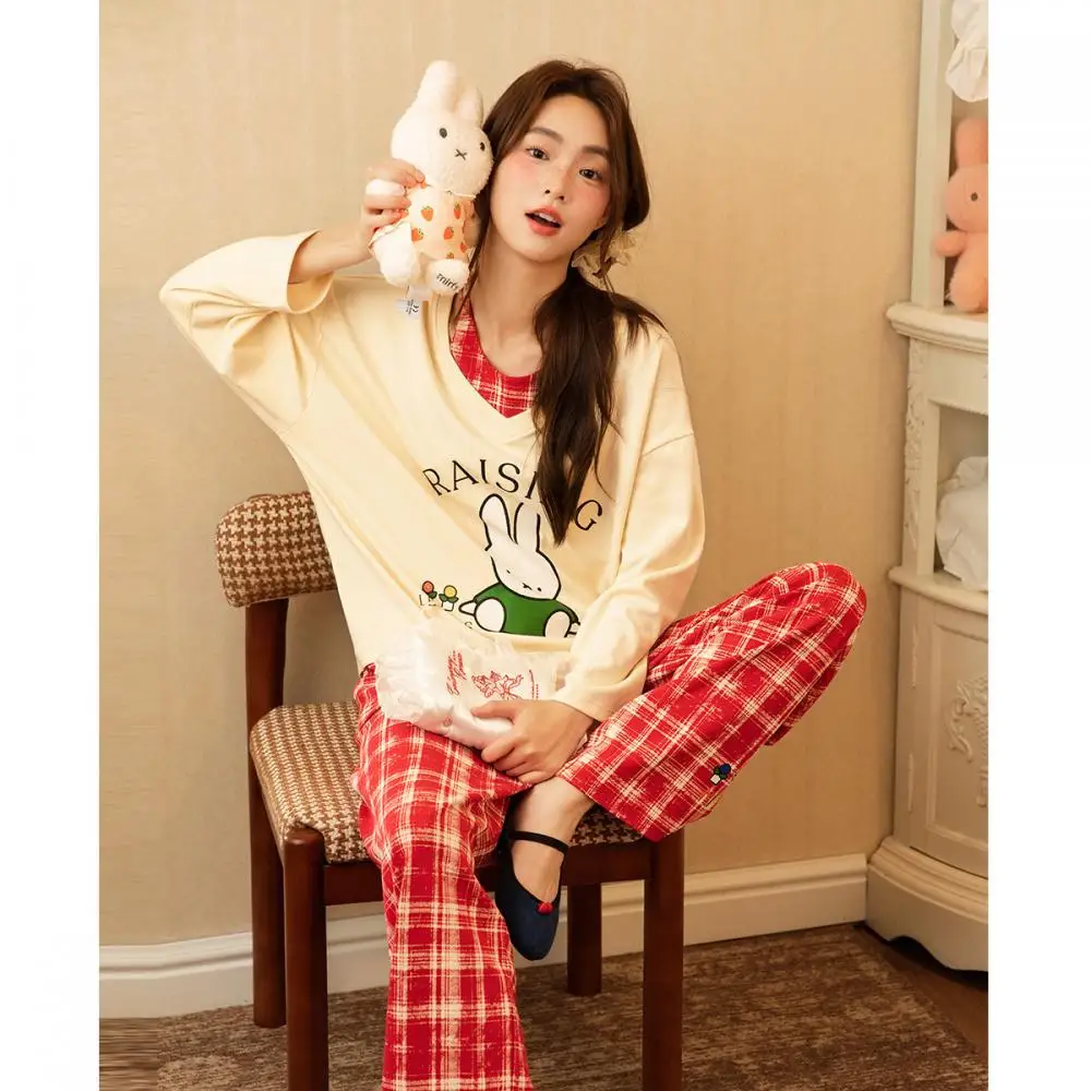 

Beige Red Miffy Pajamas Set With Bunny Pattern Plaid Pants Soft Sleepwear For Women Cute Cartoon Loungewear Daily Home Wear