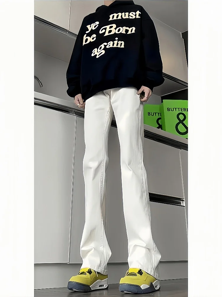 

White Thiened Fce Lined Bell Bot Jeans Men's Straight Leg Stretchable Long Trousers Faionable Youth Wear Winter Jeans
