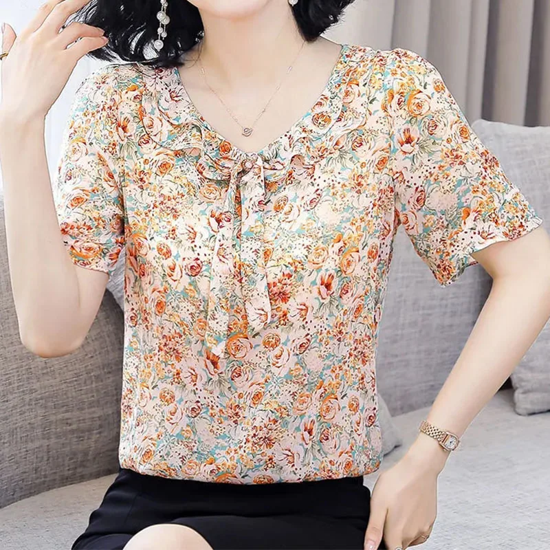 Elegant Fashion Floral Printed Bow Ruffles Chiffon Shirt Summer 2023 New Ruffled Neck Short Sleeve Loose Blouse Women\'s Clothing