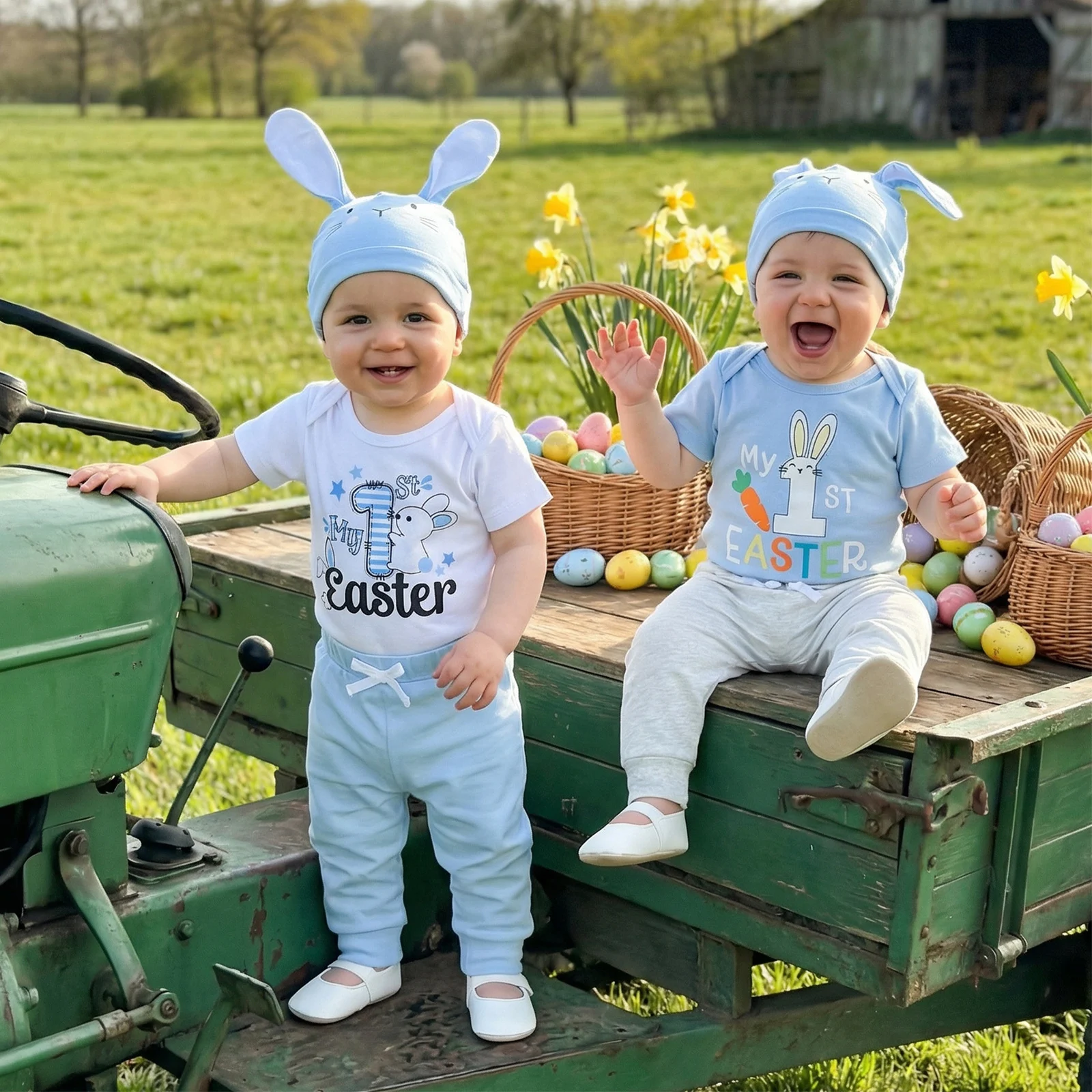 

Baby Boys Easter Outfit Short Sleeve Letters Print Romper with Pants Bunny Ears Hat Infant Baby Easter Costume