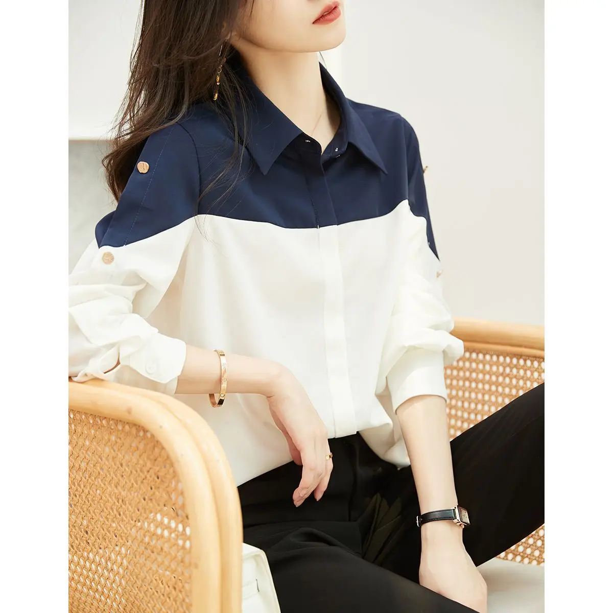 Early Spring New Color Blocking Simple and Comfortable Versatile Slimming Patchwork Long Sleeved Chiffon Shirt Top for Women