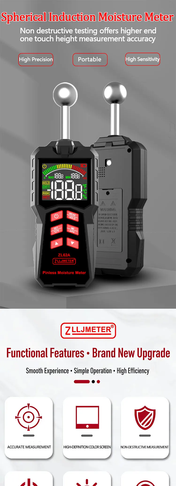 Pinless Holzfeuchtemessgerät, digitales Hygrometer, berührungsloser Holzfeuchtigkeitsdetektor, Wandfeuchtigkeitstester, Typ C, wiederaufladbar – Detail 1