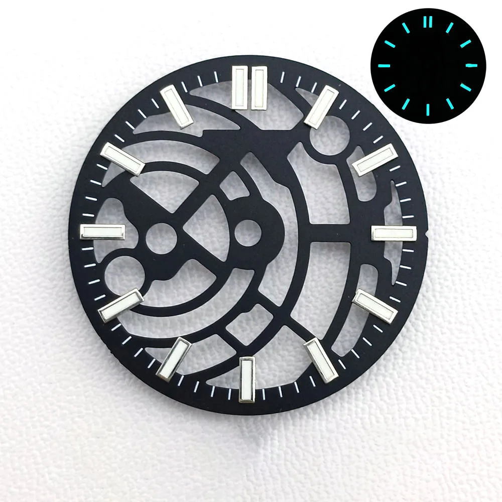 28.5mm 다이얼 홀로우 아웃 다이얼 NH70/NH72 무브먼트 호환 블루-그린 야광 고품질 다이얼 시계 개조 액세서리
