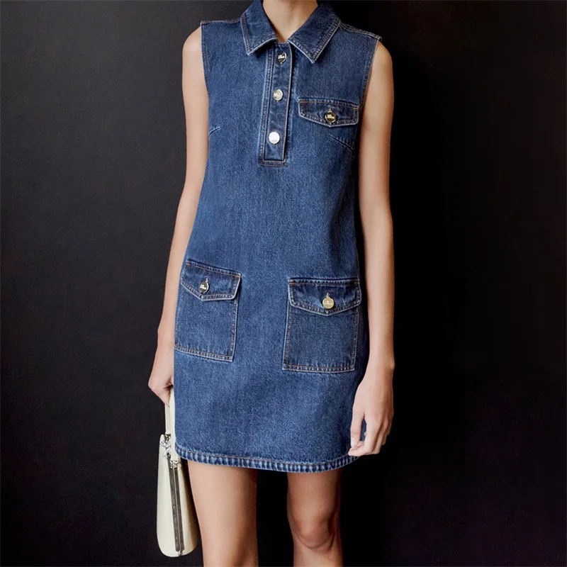 

Women's dress New Vintage pure cotton mini dress for summer 2025 Multi pocket decorative denim dress short dresses party dresses
