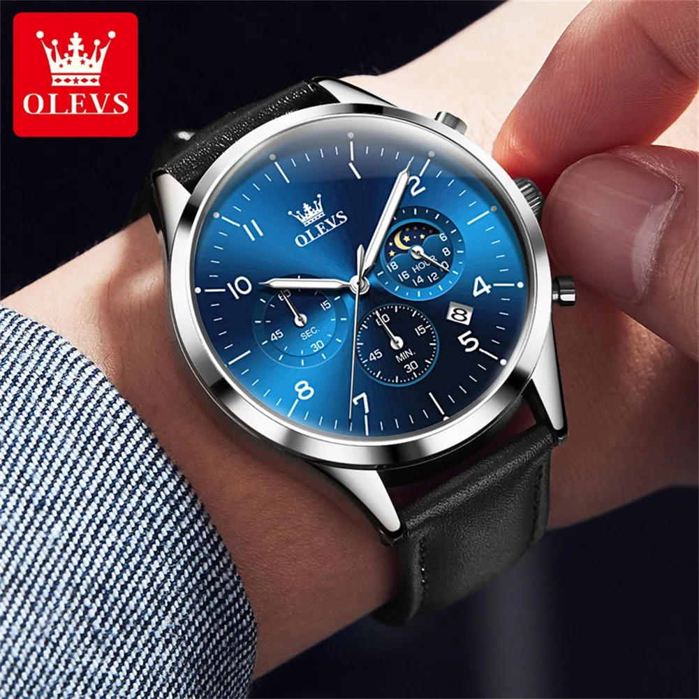 Olevs 2882 Mondphase 42mm großes Zifferblatt Mann Armbanduhr Chronograph Nummer Skala Quarzuhr für Männer wasserdichte leuchtende Kleider uhr