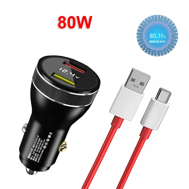 

Dual 80W SUPERVOOC Car Fast Charger 8A 1M USB C Cable For OnePlus 9 10 Pro Nord 2 9T 8T 8 GT Ace 7T Pro7 6T 5 65W 30W 20W Warp