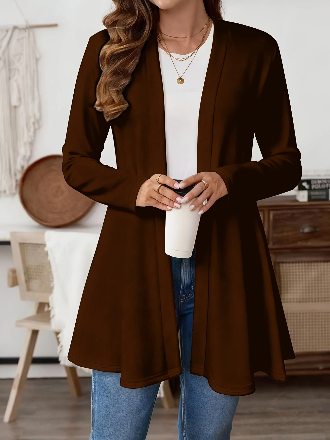 Plus Size Women Open Front Cardigan, Long Sleeve Solid Color Mid-Length Coat, Loose Casual Fall Winter Outerwear Tops view 5