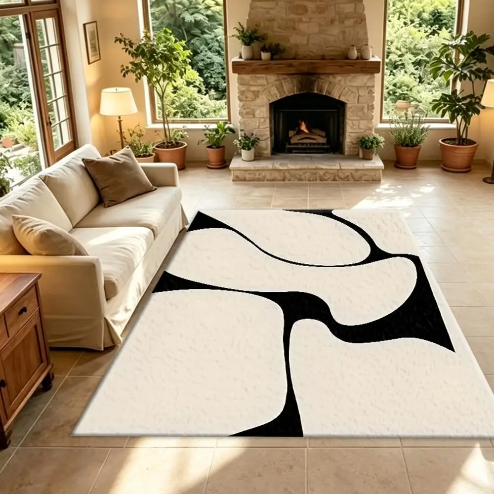 Abstract Black and White Irregular Curve Art Carpet Flooring for Living Room Bedroom Decor Home Non Slip Floor Rug