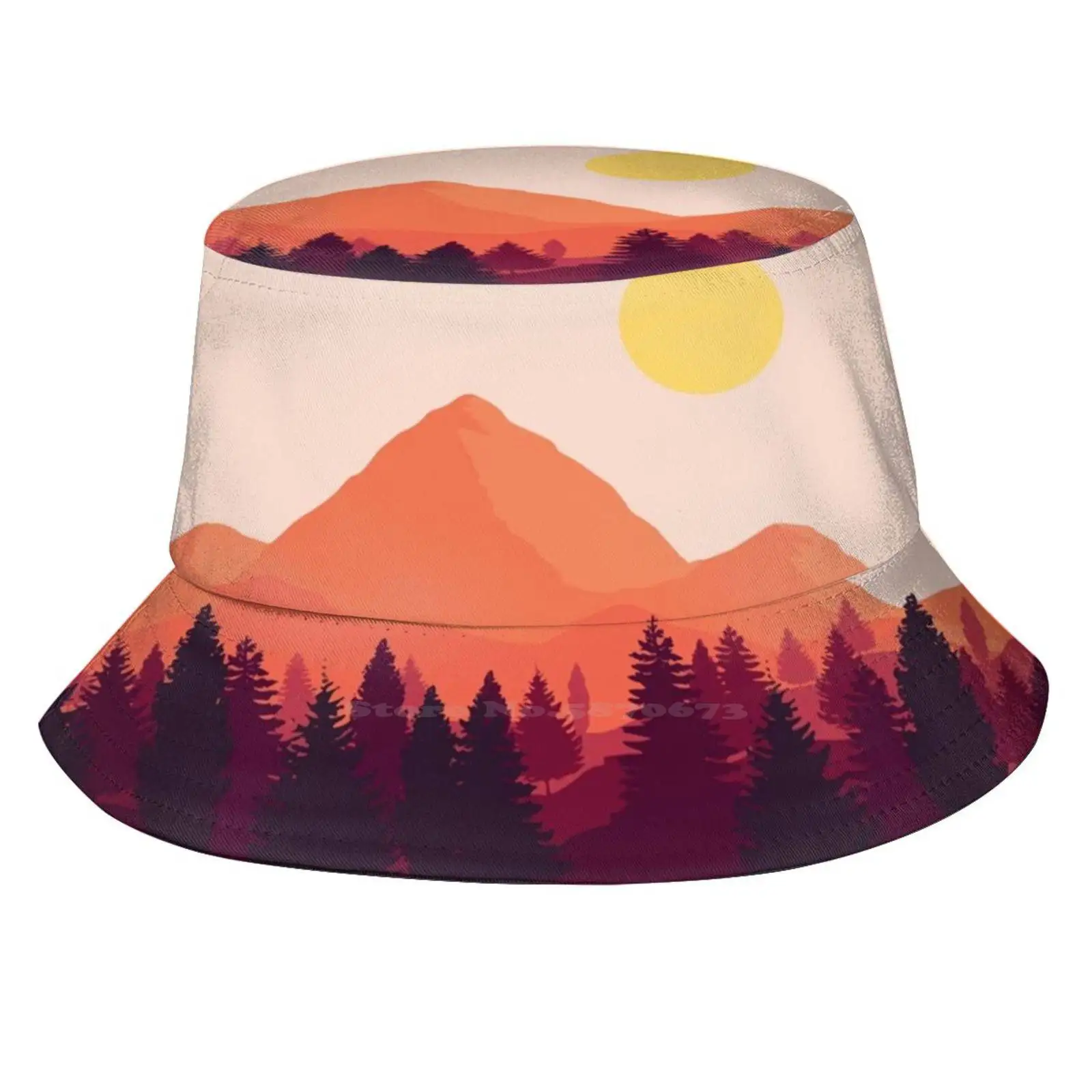 Forest Mountain Horizon Unisex Fashion Women Men Breathable Bucket Hats Mountains Sunset Firewatch Hipster Calm Orange Awe Warm