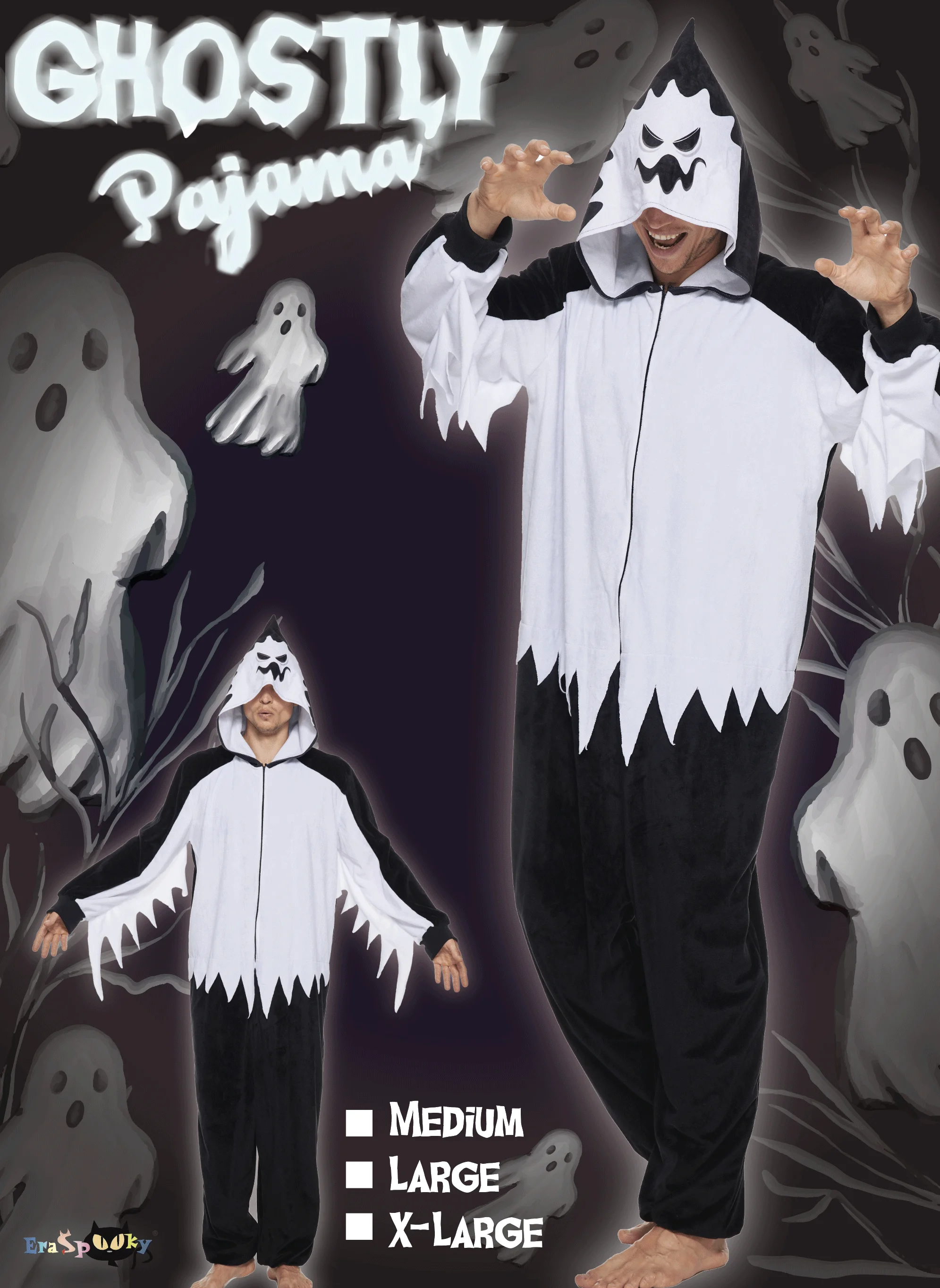 Eraspooky Adult White Ghost Pajamas Men Onesies Hooded Women Sleepwear Halloween Costume Kigurumi Cosplay Carnival Fancy Dress