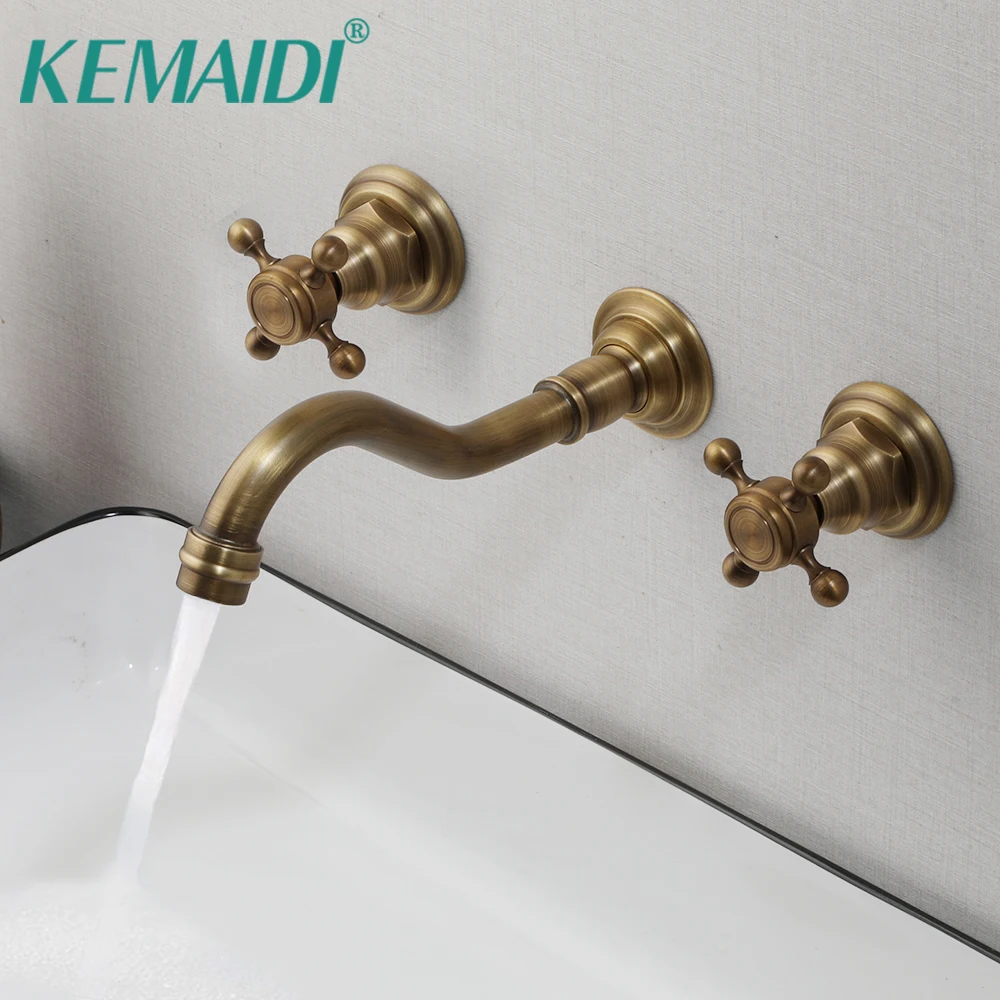 KEMAIDI Two Handles Bathroom Basin Sink Faucet Antique Brass Top Sink Tap Stream Mode Wall Mounted Hot and Cold bathtub tap