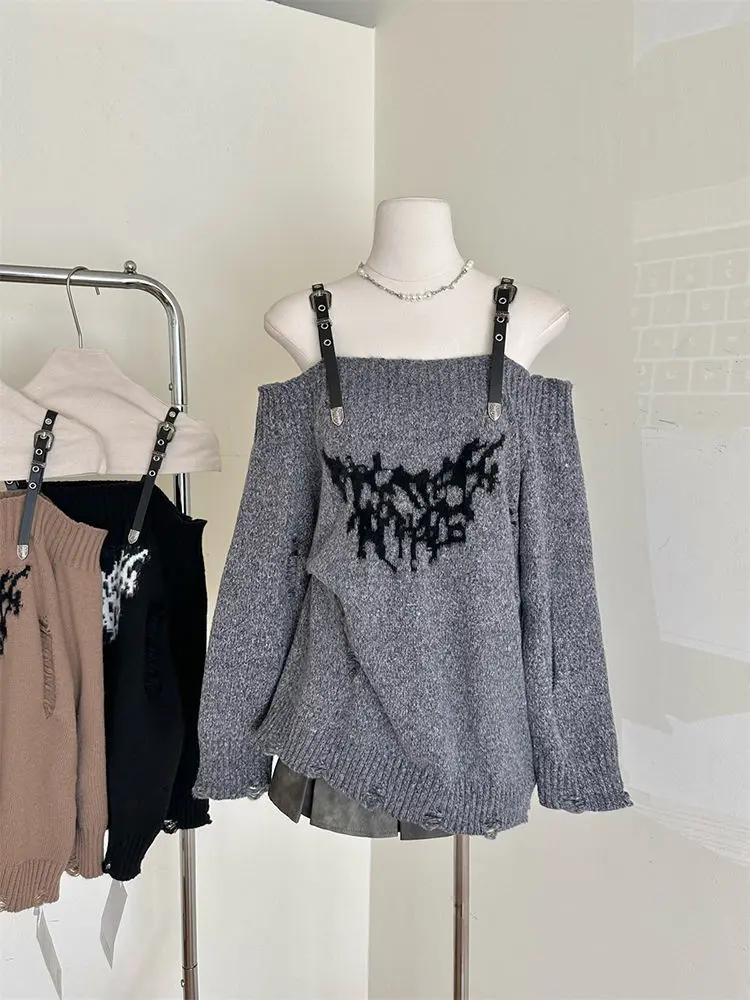 Hip Hop Off Shoulder Long Sleeves Strap Knitted Pullover Autumn Winter New Hottie Hole Loose Sweaters Grunge Top Sueter Mujer
