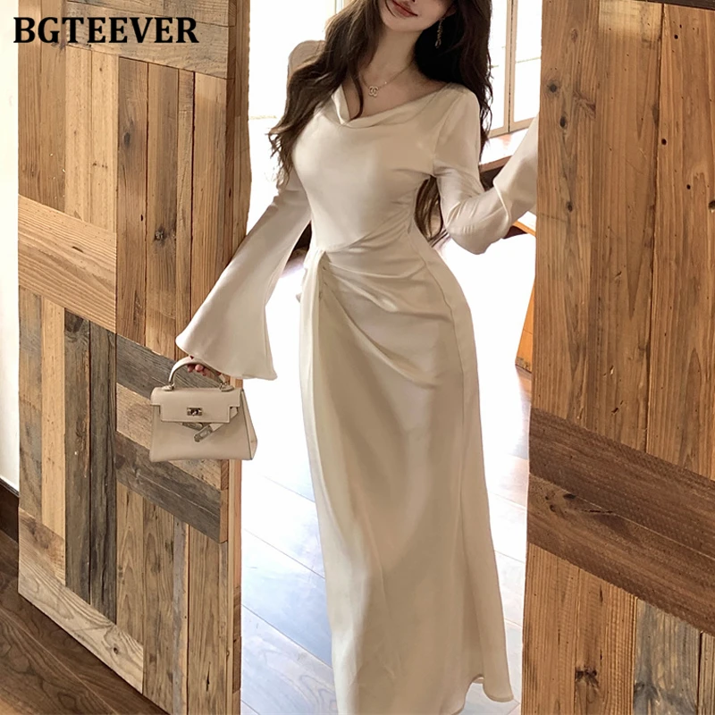 BGTEEVER シックでエレガントなスイングカラーパッケージヒップサテンドレス女性のためのエレガントなスリムウエスト長袖レディースボディコンドレス