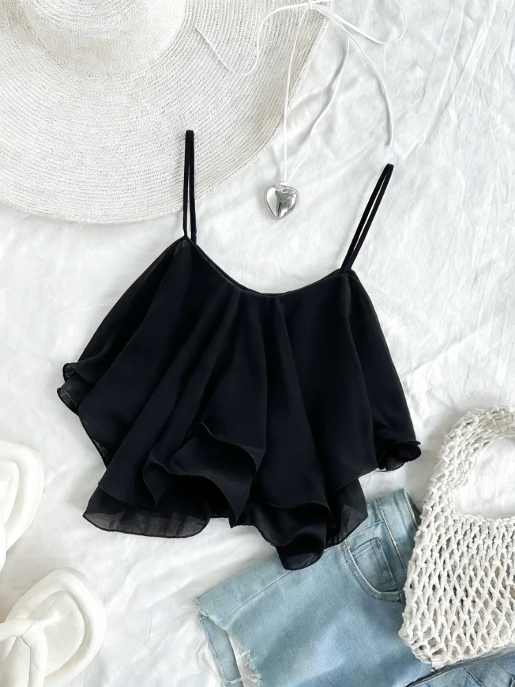 Women's Casual Daily Chiffon Crop Top Summer Lightweight Spaghetti Strap Ruffled Flowy Short Cami Party Sleeveless Blouse view 2