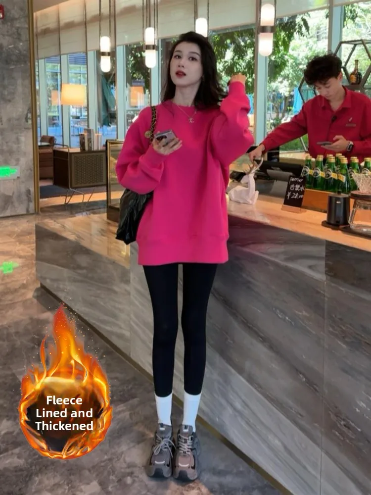 Korean Sle Lazy round Ne Thiened Fce Women's Sweatirt Mid-Length Faionable Autumn Winter New Arrival Streetwear