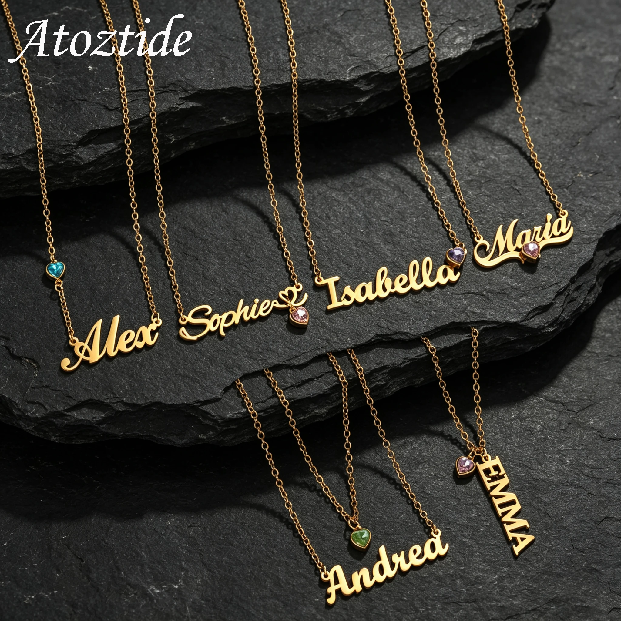 Atoztide Custom Birthstone Name Necklace Stainless Steel Personalized Pendant Heart Shape Zircon for Women Birthday Jewelry Gift