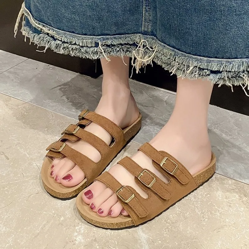 

Women's New Spring and Summer Vintage Casual Slip-On Shoes Pu Upper Double Strap Slippers with Adjustable Buckle