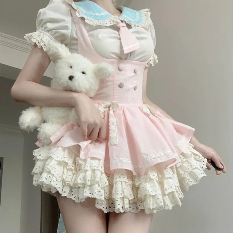 Japanese Fresh Sweet Lolita Summer 2024 Patchwork Button Bow Lace Slim Fashion Elegant Comfortable Sleeveless Camisole Dresses