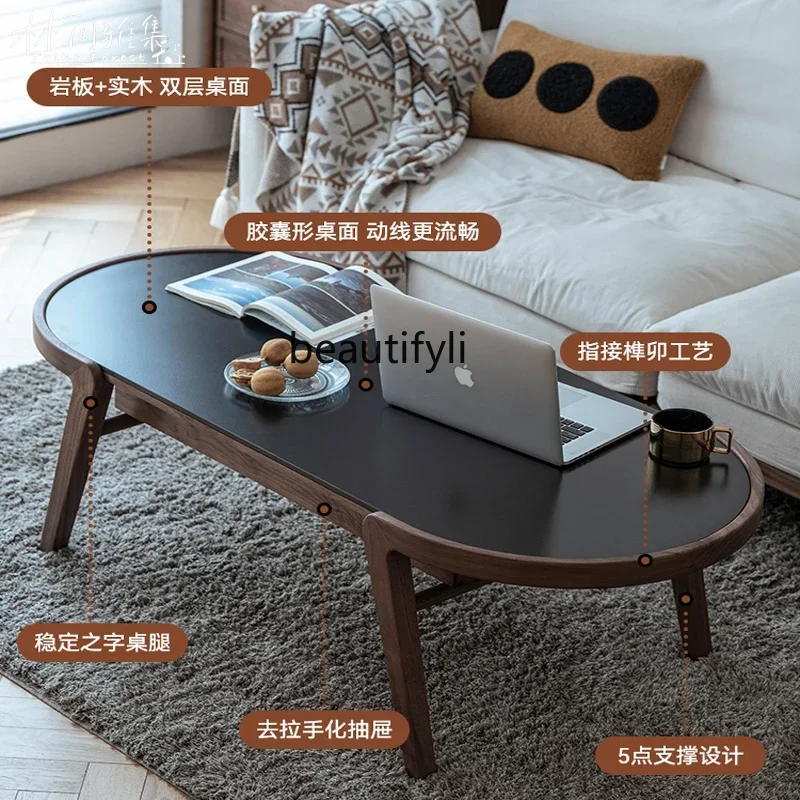 

SS ss7486 Solid wood black walnut coffee table Nordic black rock slab small tea table household living room, simple tea table wi