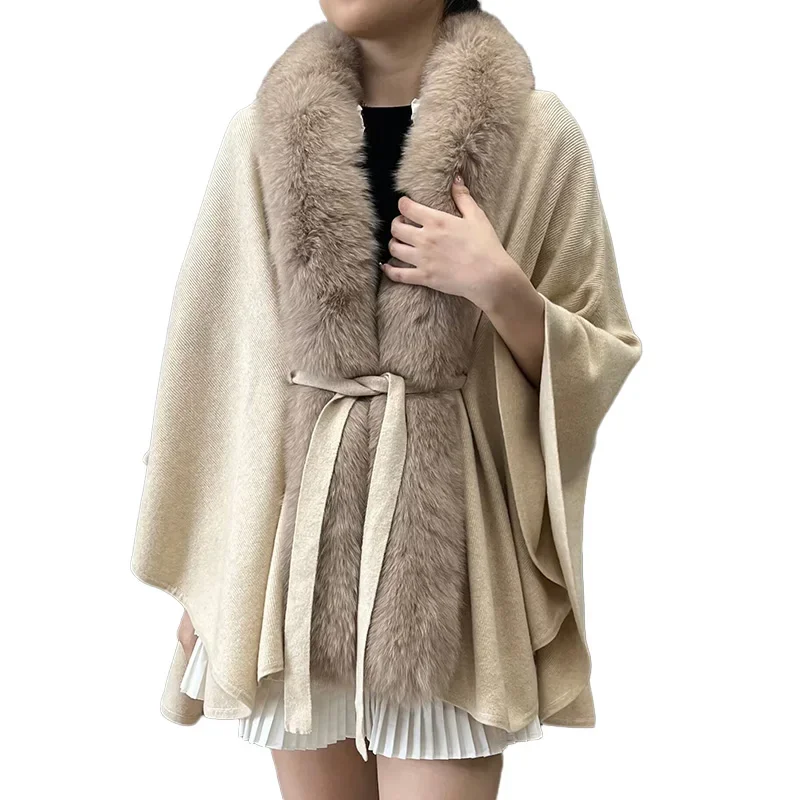 Luxury Belted Cape Oversized Shawl Women Knitted Cashmere Poncho with Big Fox Fur Collar