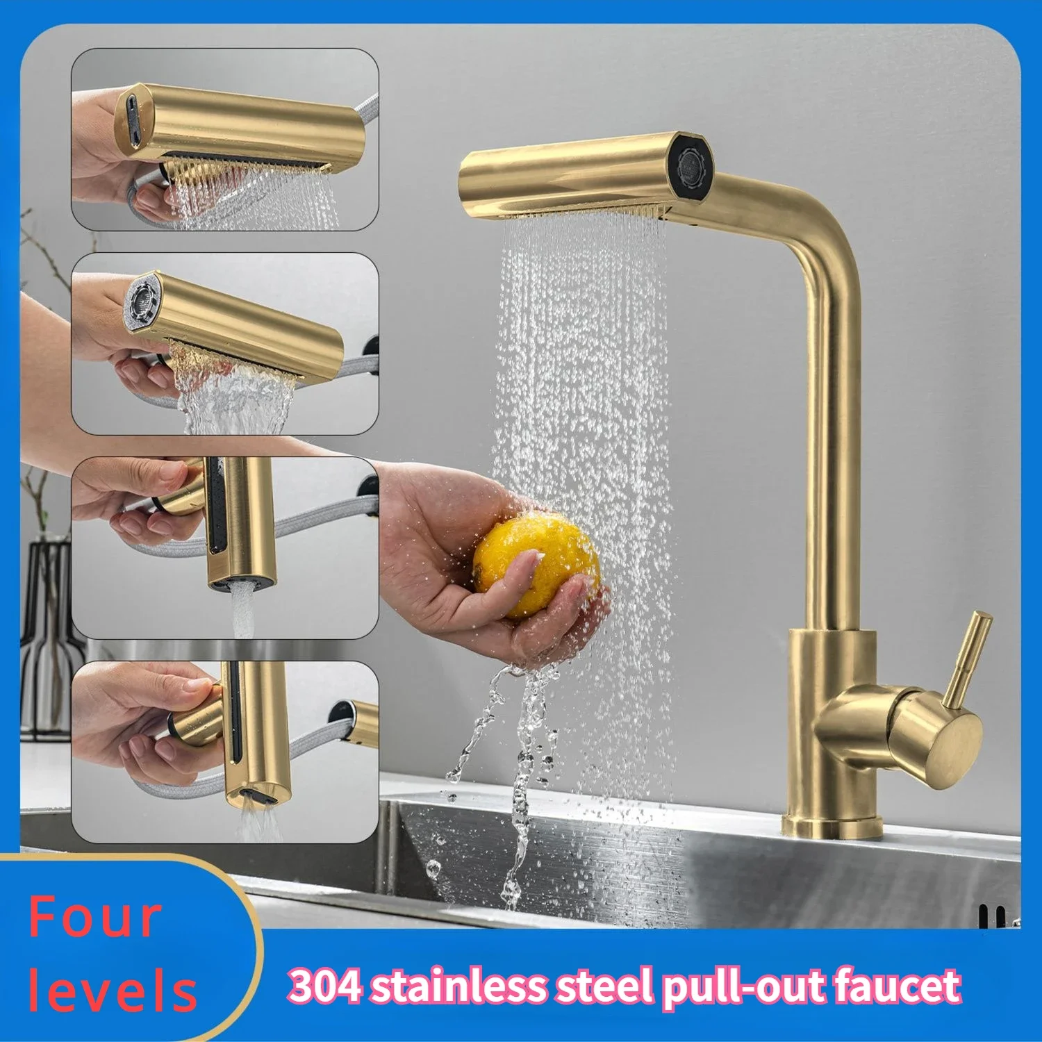 Four Function Rotating Nozzle Sink Vegetable Basin Kitchen Faucet 304 Stainless Steel Pull-out Faucet For Bathroom Flying Rain