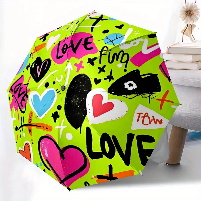 

Автоматический зонт с принтом Love Graffiti, 1 шт., зонт с мультяшным дизайном, портативный компактный зонт для мужчин и женщин