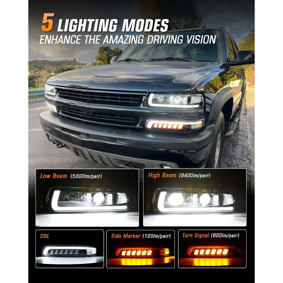 مجموعة المصابيح الأمامية LED للمصابيح الأمامية لاستبدال 19992002 تشيفي سيلفرادو 20002006 الضواحي 0006 تاهو إشارة الانعطاف المتتابعة #6