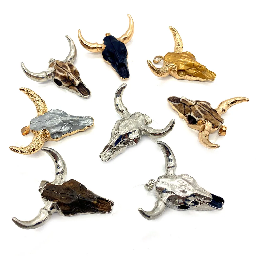 Natural Stone Animal Carving Cow Skull Acrylic Fashion Gold-plated Necklace Bracelet Jewelry Domineering Men Women DIY Pendant