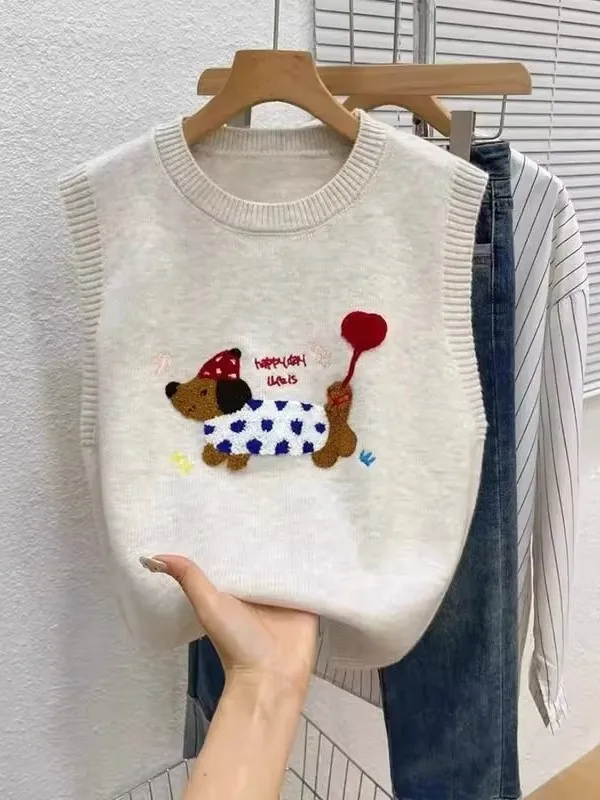 Cartoon Embroidered Dog Knitted Vest Women's Autumn Winter Loose round Ne Svel Sweater Vest Faionable oulder Trend