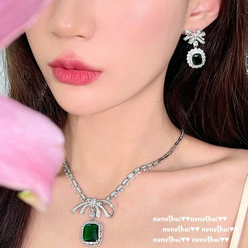 3pcs/set Elegant Bowknot Wedding Jewelry Sets Women Luxury Platinum Plating Green Zircon Stone Temperament Drop Earring Necklace