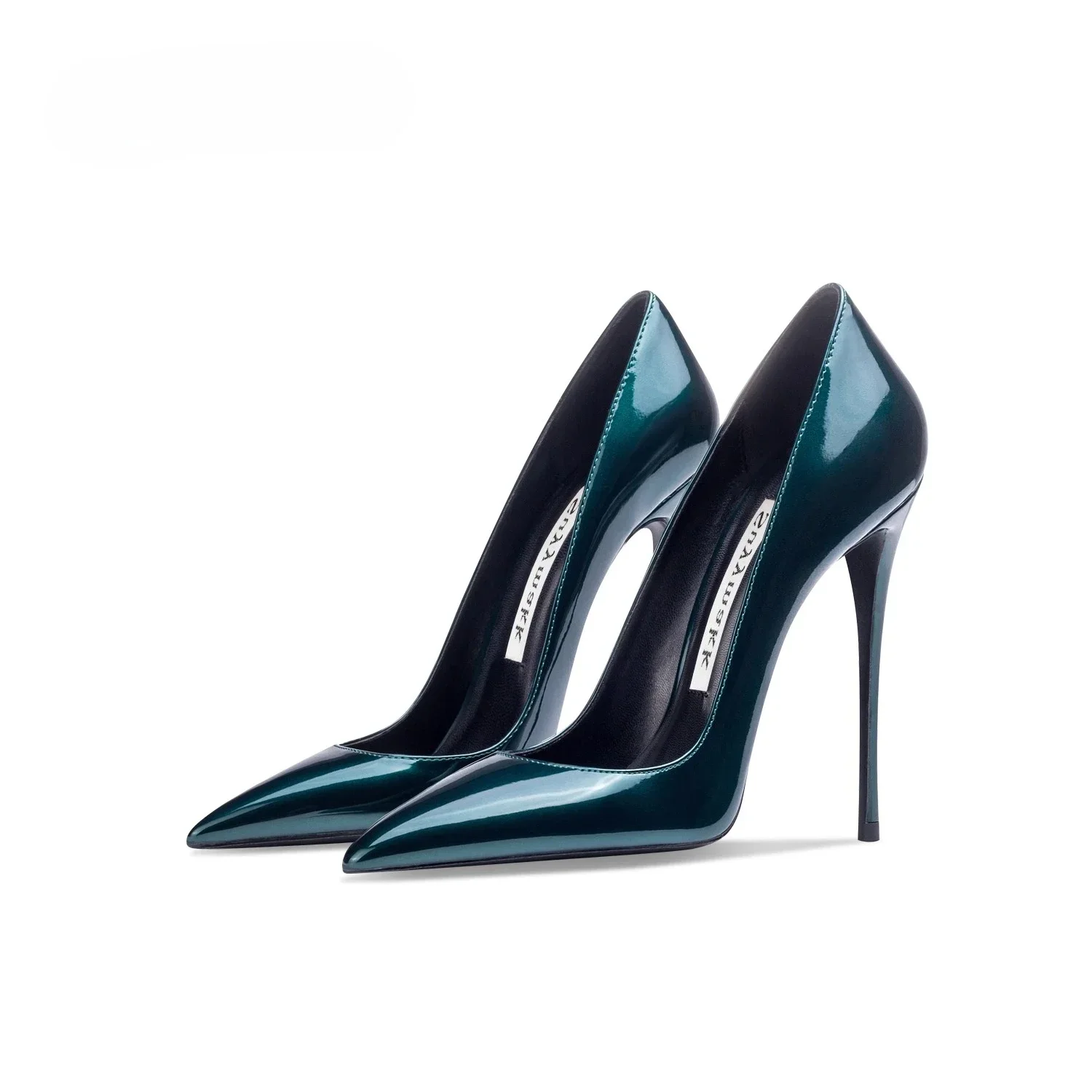 أحذية فردية أصلية جديدة، كعب عالٍ من الجلد اللامع باللون الأخضر الداكن، أحذية نسائية احترافية مثيرة بفم ضحل