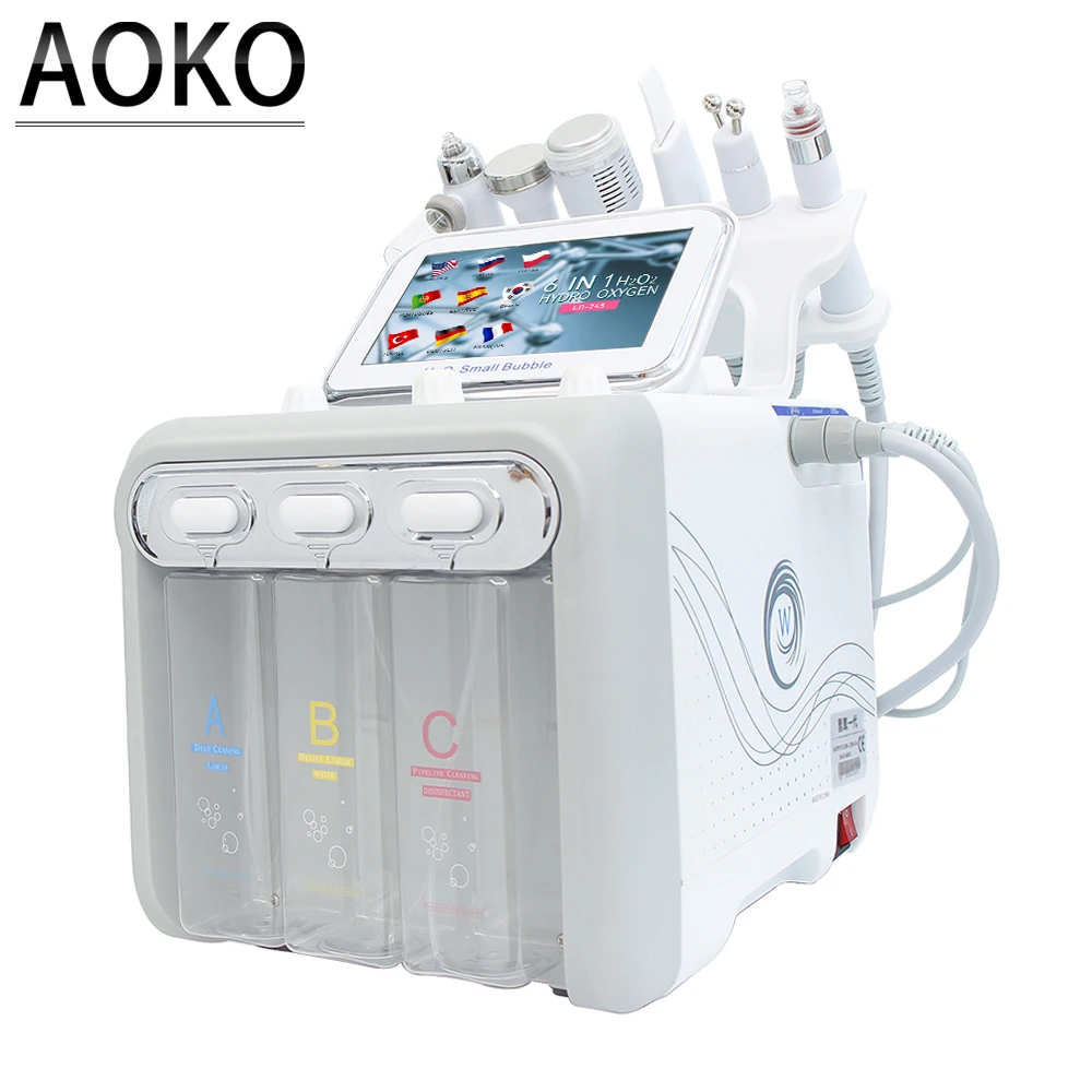 AOKO Upgrade 6 in 1 hydro Oxygen Small Bubble Beauty Instrument Face Lifting Dermabrasion Device Skin Scrubber Facial Spa