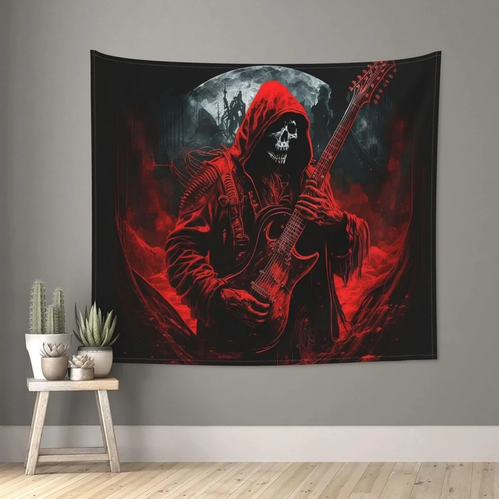 VIKAMA Halloween Glamour Red Robe Guitar Skull Tapestry Strings Stage Rock Bar Game Room Room Decoration