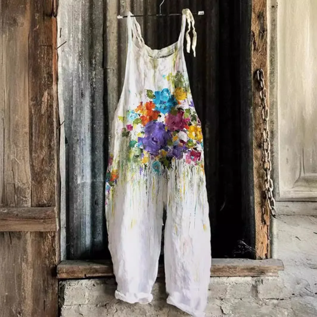 Women's And Overalls For Women Retro High Waist Printed Loose Fit Sleeveless Cotton Jumpsuit For Woman Digital Art Print Pants