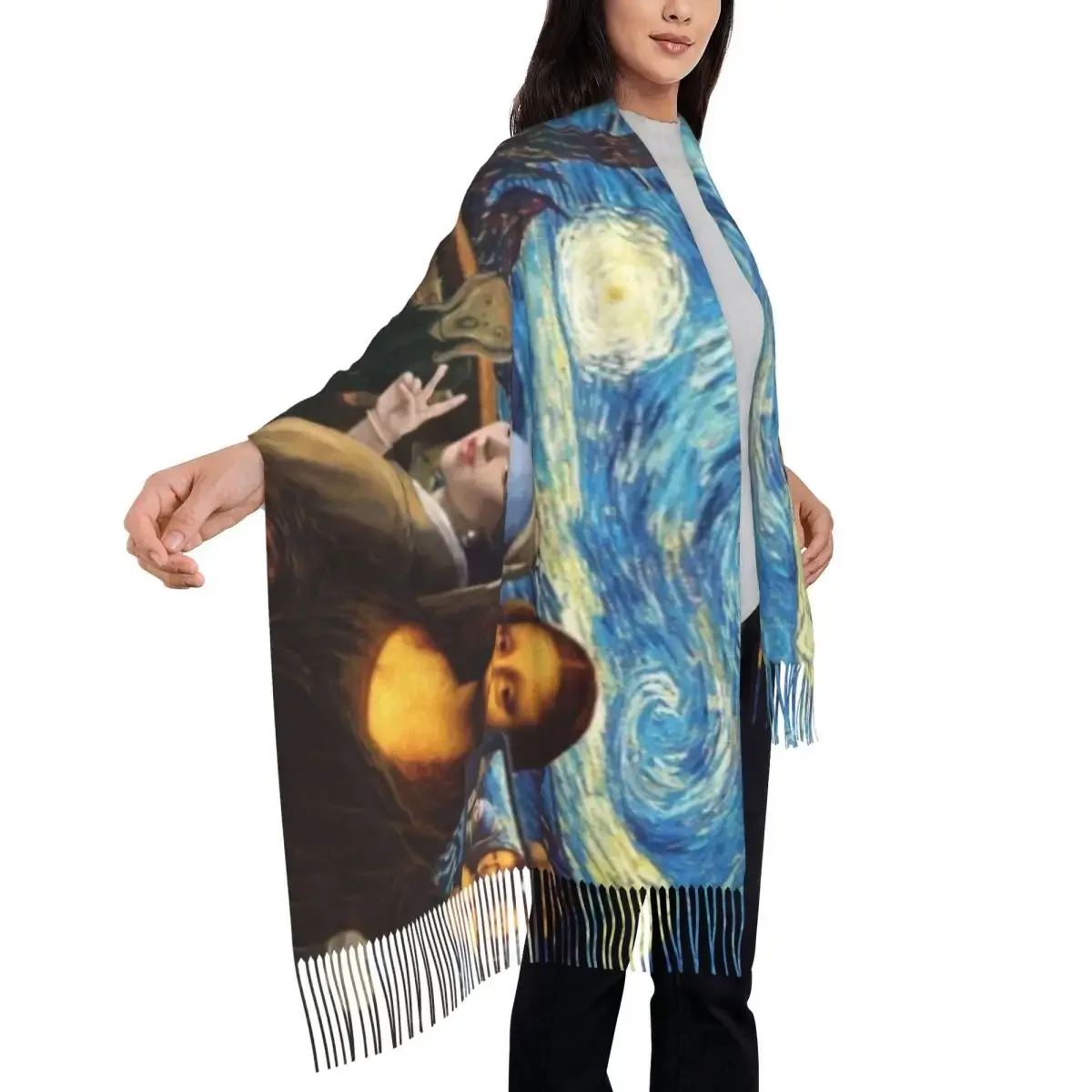 Ry Night-bufanda de Mona Lisa y Vincent Van Gogh para mujer, chal largo de invierno cálido con borlas, bufandas de Pintura Artística Unisex