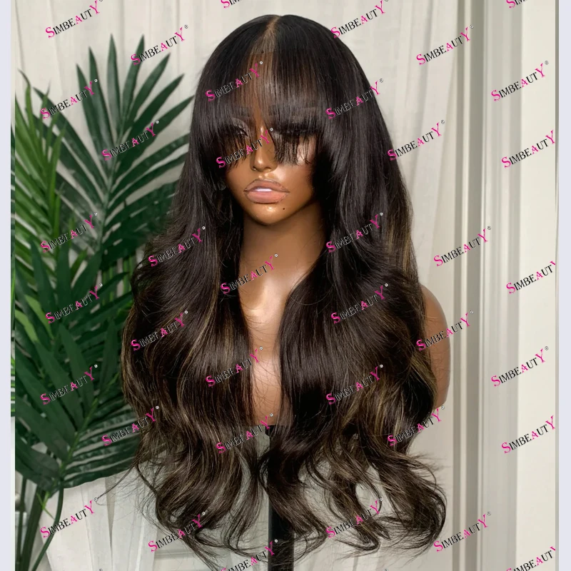 

Simbeauty Fringe Glueless Long Wavy Highlight Ash Brown Human Hair Full Lace Wigs for Black Women with Bangs 13x4 Lace Front Wig