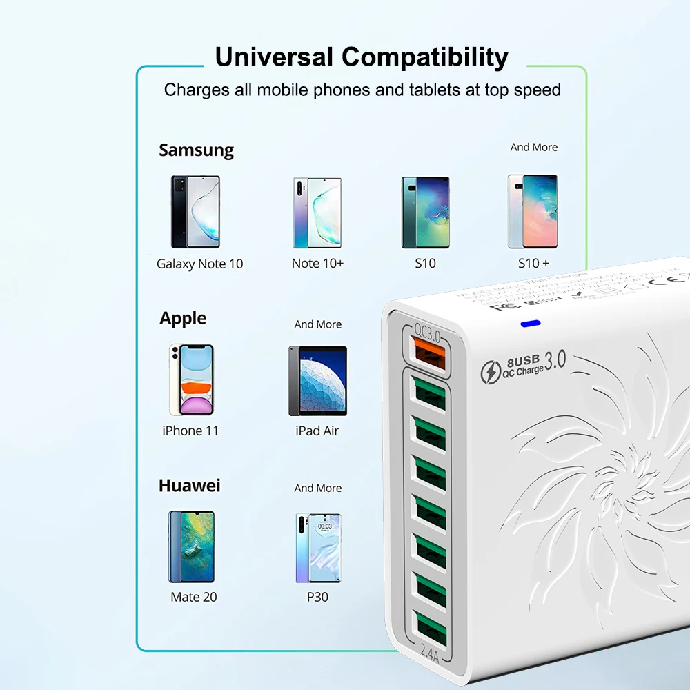 8 Ports USB Charger QC 5.0 Fast Charging EU US KR Plug 65W Fast Charger Power Adapter For iPhone 15 Xiaomi Samsung Wall Charger