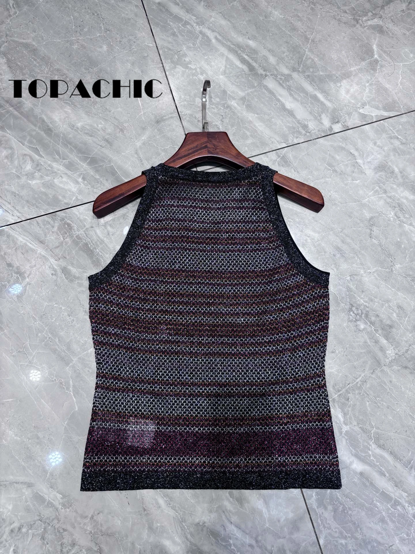 5.9 TOPACHIC Women\'s Striped Bling Silk Jacquard Knitted O-Neck Sleeveless Short Tank Top Or Elastic Waist Straight Pants Set